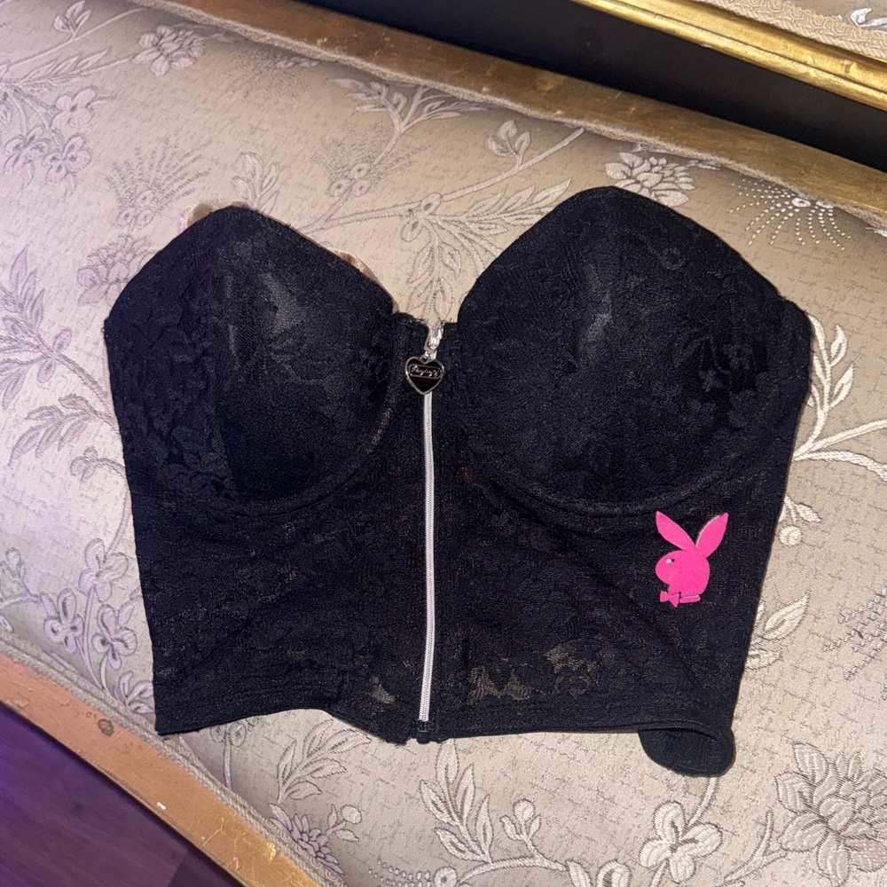 Playboy Elegant Black Lace Bustier with Pink Accents